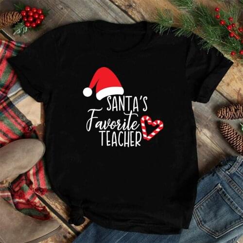 2020 Santas Favorite Teacher Print Women T-shirt Christmas Santa Hat Candy Cane Heart Print Graphic T Shirts Harajuku Xmas Tees