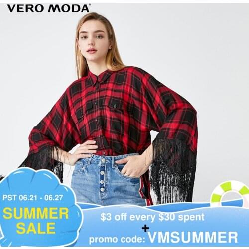 Vero Moda Womens Plaid Fringed Front Short Back Long 3/4 Sleeves Shirt | 319331575