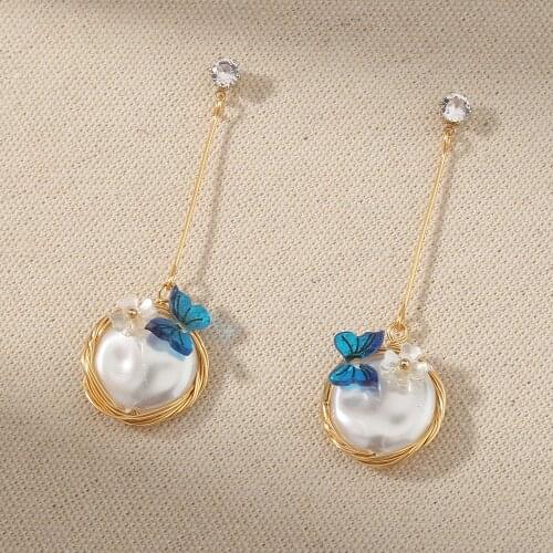 2020 Korean Fashion Exquisite Blue Butterfly Wings Pearl Long Earrings Pendant Ladies Earrings Jewelry