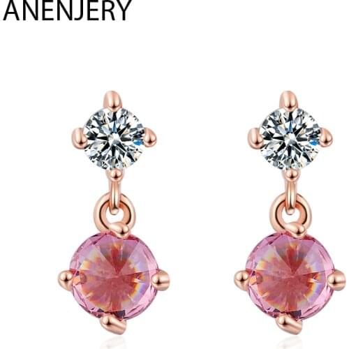 ANENJERY 925 Sterling Silver Glittering Double Cubic Zircon Drop Earrings Fashion Sweet Pink CZ Earring For Women Jewelry S-E960