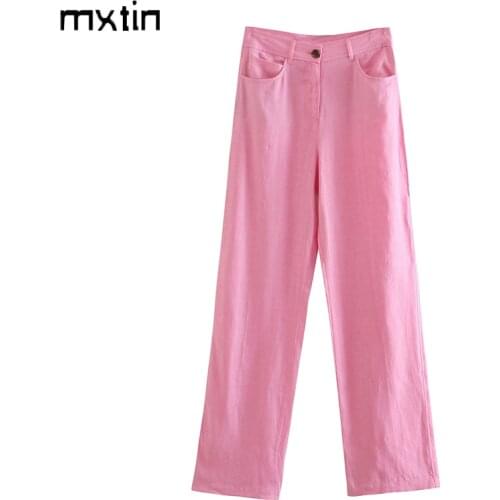 MXTIN 2021 Women Spring Fashion Solid Straight Pants Vintage High Waist Zipper Fly Side Pockets Office Lady Female Ankle Trouser
