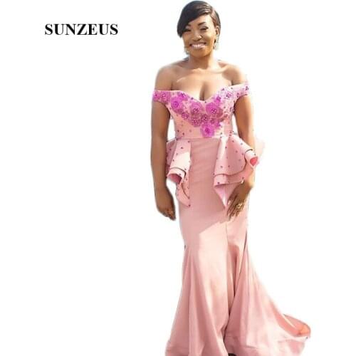 Off the Shoulder Long Sleeve African Bridesmaid Dresses Pearls Handmade Flowers Charming Maid of Honor Dresses damigella SBD176