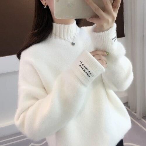 White Winter Sweater Women Letter Patchwork Turtleneck Thicken Warm Long Sleeve Knitted Pullover Sweater Jumper Elegant New V673