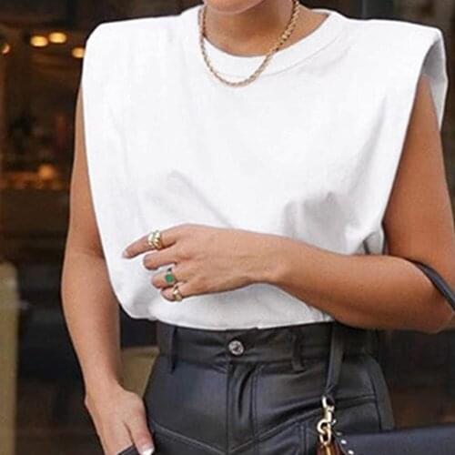 Women Padded Shoulder Vest Shirts Summer Sleeveless Soft Cotton Padding Solid Tops Office Ladies 2021 Vintage Fashion Pullover