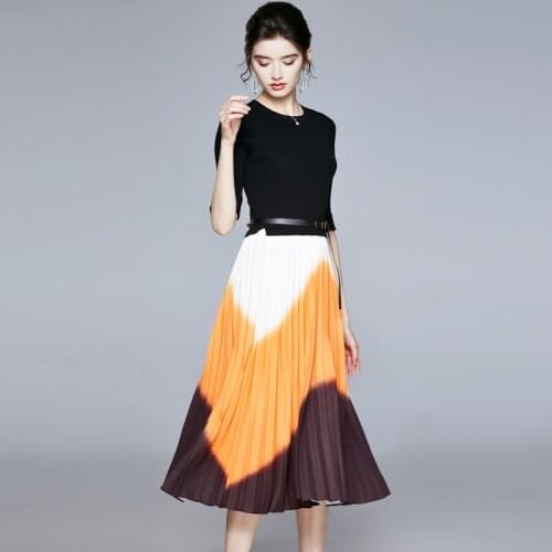Summer Elegant Knitted Patchwork Gradient Pleated Dress Women Half Sleeve Office Work Party Sweater Dress With Belt K8222