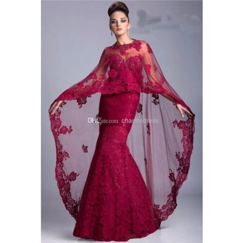 Free shipping New Arrival Burgundy Lace Floor Length Mermaid Sweetheart Luxury Evening Dresses Prom Dresses with Cape