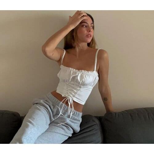 Sweet Ruffles Lace Up White Crop Top Camisole Women Sexy Sleeveless Backless Pleated Waist Bandage Vest Cute Girl Streetwear