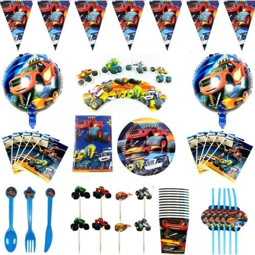 122PCS Blaze Monster Machines Theme Cupcake Wrappers Decora Flags Cups Plates Banner Birthday Party Gifts Bags Tablecloth Straws