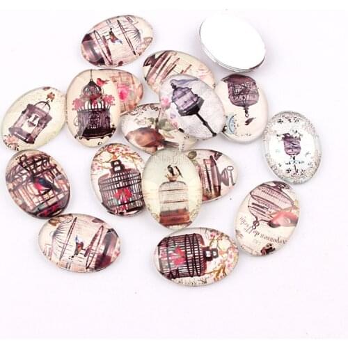 18*25mm Oval Glass Cabochon Birds Cage Pictures Mixed Pattern Fit Base Setting For Jewelry Embellishment Flatback 16pcs/lot