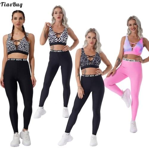 TiaoBug Women Casual 2Pcs Sport Yoga Gym Outfit Stripe Leopard Pattern Crop Vest With Letter Print Leggings Fitness Tracksuit