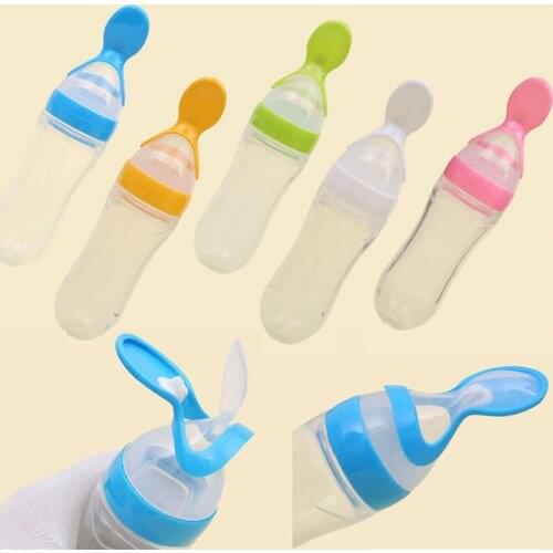 90ML Lovely Safety Silicone Infant Baby Feeding Bottle With Spoon Feeder Food Cereal Extrusion Type Rice paste baby Bottle