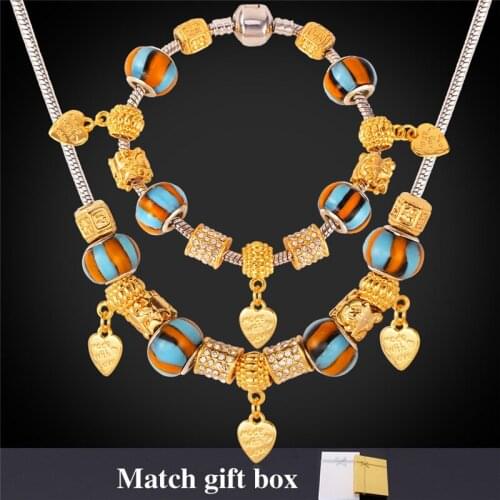 Bohemian Charms Necklace Bracelet Set Gold Color Crystal Glass Bead DIY Jewelry Set For Women European Style Vintage NH854