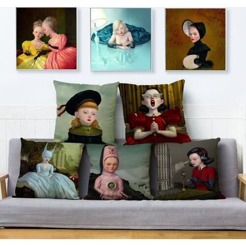 Cute Ray Girl Lady Print Pillow Cover 45*45cm Cushion Cover Beige Linen Throw Pillows Cases Car Sofa Home Decor Cushion Covers