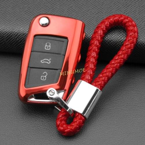 For VW Golf 7 Polo Tiguan Skoda Octavia Kodiaq Karoq SEAT Ateca Leon Volkswagen Flip Car Key Fob Chain Ring Cover Case Red