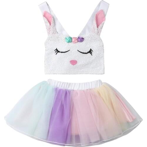 Baby Girls Kids Rabbit Top unicorn Rainbow Skirt Fancy Tutu Cosplay Costume Dress Size 2-5Y
