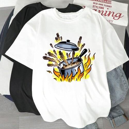 Summer Womens T-shirt Fun Picnic Cooking Pattern Cartoon Print Ladies Tshirt Simple Round neck short sleeve 90S Girls T Shirt