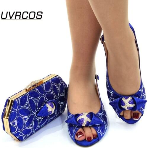 Good Arrival Italian design Ladies Wedding Shoes and Bag Set Decorated with Rhinestone African Matching Shoes and Bags In Blue