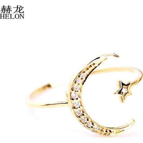 HELON Moissanite Ring Solid 14K White Gold VVS/DEF Color Test Positive Moissanite Diamond Ring Women Moon Stars Style Jewelry