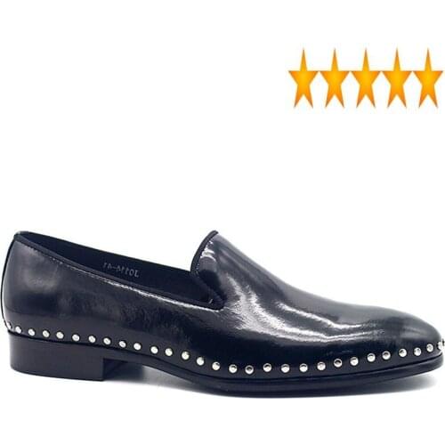 Mens Genuine Dress Handmade Business Man Rivets Patent Leather Loafers Party Slip On Social Formal Shoes Plus Size