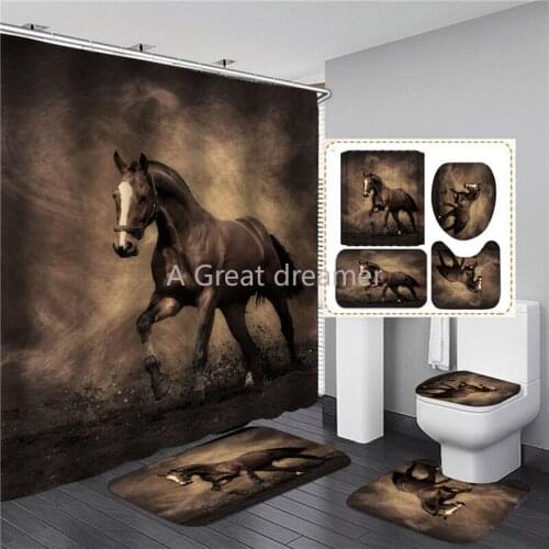 3D Running Horse Print Bathroom Set Shower Curtain Flannel Bathing Mat Doormat Toilet Lid Cover Decor Home Carpet With Anti-slip
