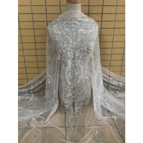 Top quality african net lace fabric with beads french tulle lace fabric SYJ-98889 for wedding dress
