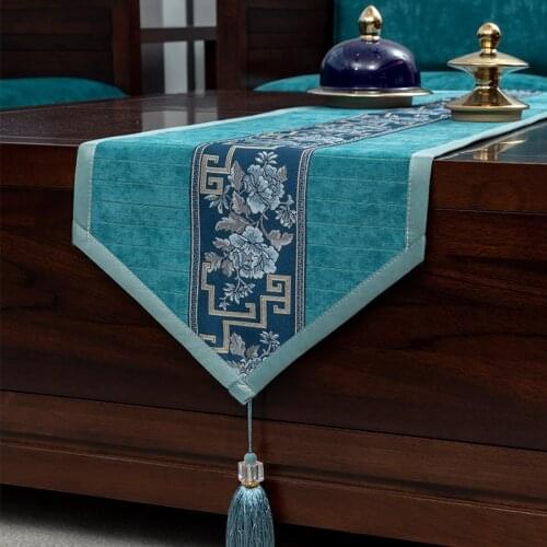 New Chinese Style Table Runner Modern Embroidery Peony Coffee Table Dining Tea Table Blue Cover Cloth Tablecloth Decoration
