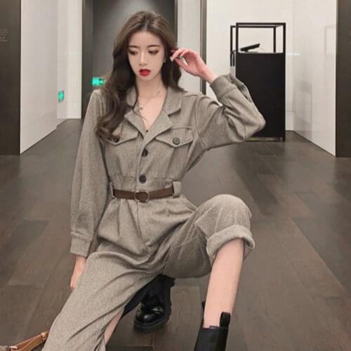 Korean Womens 2021 Fall and Winter New Fashion Lapel Suit Jumpsuit with Belt Straight Trousers Jumpsuit Female Khaki Jumpsuit
