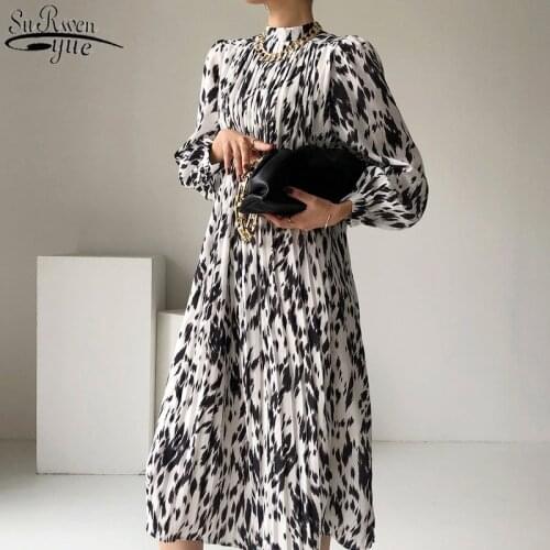 Print Pleated Dresses for Women Long Sleeve Chiffon 2021 Spring Summer Stand Collar Loose Style Vintage Dress Sashes 13715