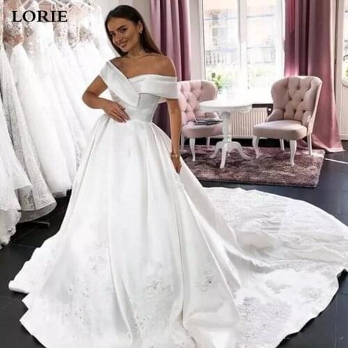 LORIE Princess Wedding Dress Ball Gowns Off The Shoulder Beaded Satin Bride Dress With Appliqued Lace Vestido de novia