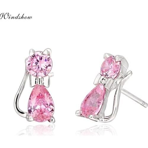 Windshow Cute 925 Sterling Silver Kitty Cats Pink AAA CZ Small Stud Earrings for Women Girls Kids Children Brinco Bijoux Jewelry