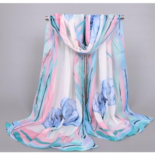 Hot Sale Print Flower Silk Chiffon Scarves Women Wrap Sunscreen Beach Cover Up Long Hijab Bandana Polyester Cape Female