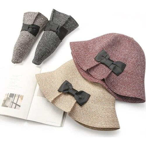 Women Summer Folding Wide Large Brim Shape Beach Sunscreen Cap Cute Big Bow Solid Straw Outdoor Hats Sun Hat