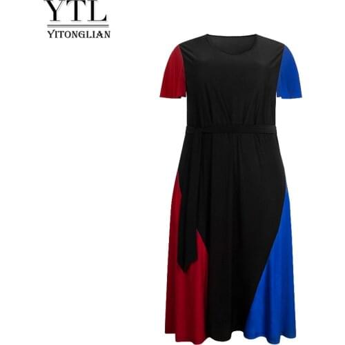 YTL 3 Colors Patchwork Plus Size Dress With Belt Womens Elegant Casual Dress For Party Summer Cocktail Dresses