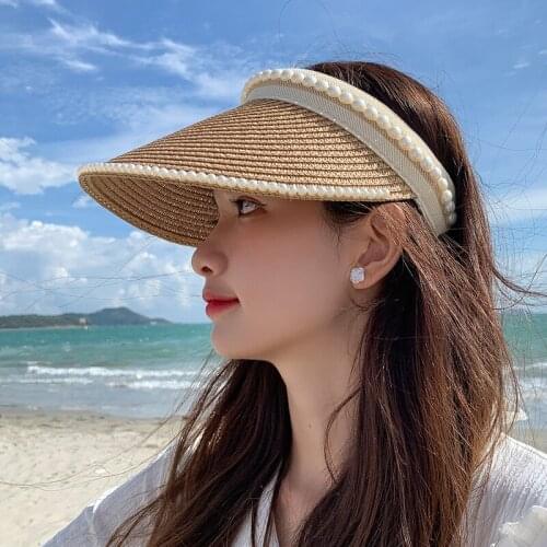 WeMe Womens Hat Visors Paper Hats with Pearl for Summer and Autumn