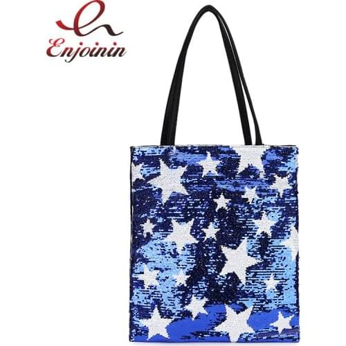Fashion Unique Sequins Star Pattern Pu Women Casual Shoulder Bag Tote Large Capacity Shopping Bag Female Bolsa Designer Bag Flap
