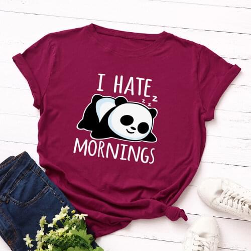 Women Short Sleeve Cotton T-Shirts Ihate Mornings Lazy Panda Graphic Tees Summer Tee Tops for Female Casual Oversize Tee Clothes