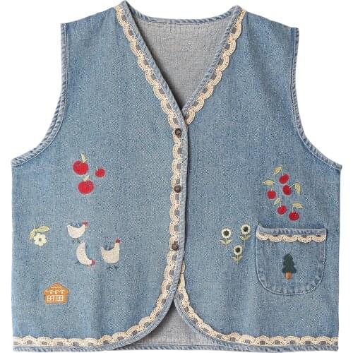 Autumn New Women Denim Outwear Coat Vest Loose Waistcoat Cartoon Embroidery Lace V Neck Chic Preppy Style Denim Vests