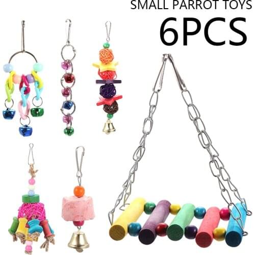 6Pcs Pet Hanging Swing Toy Birds Cage Pendant Chew Toy Colorful Parakeet Cockatiel Budgie Catch Chewing Toys