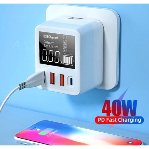 40W Quick Charge QC3.0 USB C Charger 4 Ports Home Fast Charging Adapter Mobile Phone Charge Head With LED Display For iPhone 12