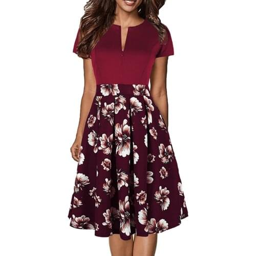 Women Elegent Dresses Short Sleeve Fashion Floral Print A-Line Party Wedding Guest Cocktail Praty Swing Zipper Knee-Length Dress