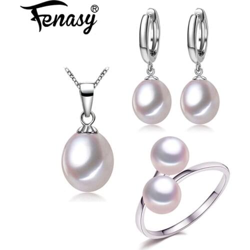 FENASY 925 Sterling Silver Jewelry sets Natural Freshwater Pearl Pendant Necklace Hoop Earrings for women Party Flower Ring