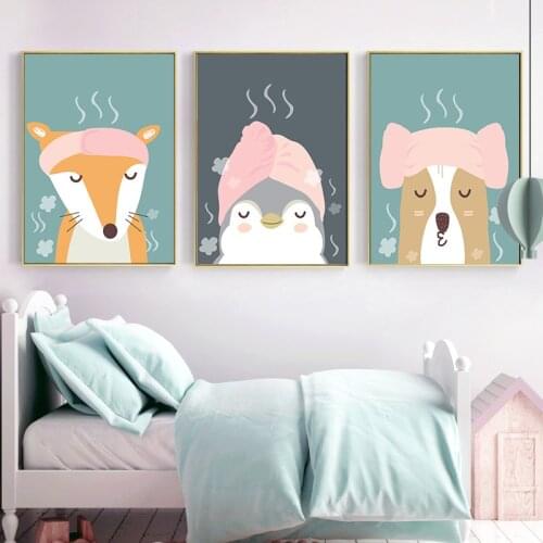 Modern Cute Cartoon Animals Penguin Canvas Painting Lovely Fox Dog Poster Nursery Print Picture Kids Baby Living Room Home Decor