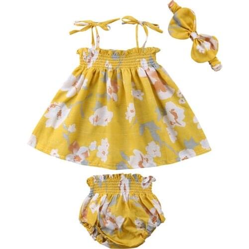 Newborn Baby Girls Clothes Set Summer Sleeveless Yellow Floral Tops Bottom Headband Girl Clothing Cotton Outfits 3PCs