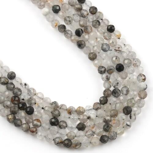 Natural Faceted Black Rutilated Quartz Stone Beads For Jewelry Making Round Spacer Beads DIY Bracelet Accessories 15'' 2 3 4mm