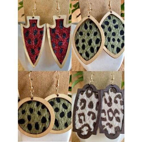 Christmas New Style Leopard Soft Fur Leather Dot Earrings Vintage Arrow Round Oval Wood Frame Drop Women Charm Jewelry Gift