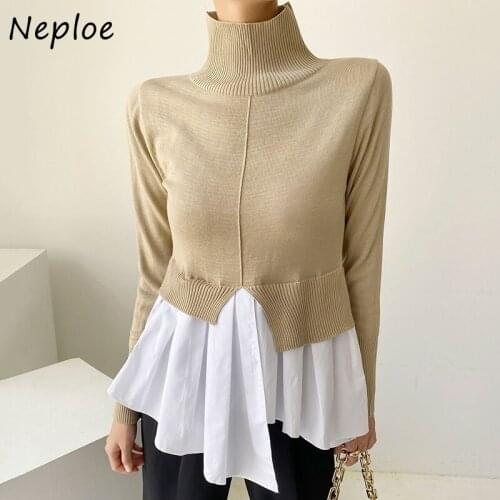 Neploe Autumn Temperament Turtleneck Pullover Female Design Sense Hem Fake Two-piece Shirt Knitted Spliced Irregular Sweater Top