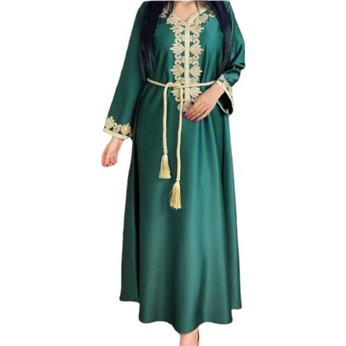 Satin Maxi Dress for Women Elegant Ethnic Embroidery Gilding Jalabiya Muslim Dubai Arabic Moroccan Kaftan Robe Green