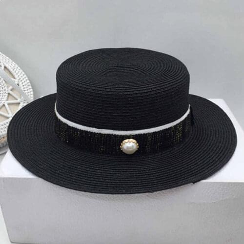 Fedoras Spring and summer new wide-brim flat-toppedhat female travel shopping sunscreen hat black straw sun hat