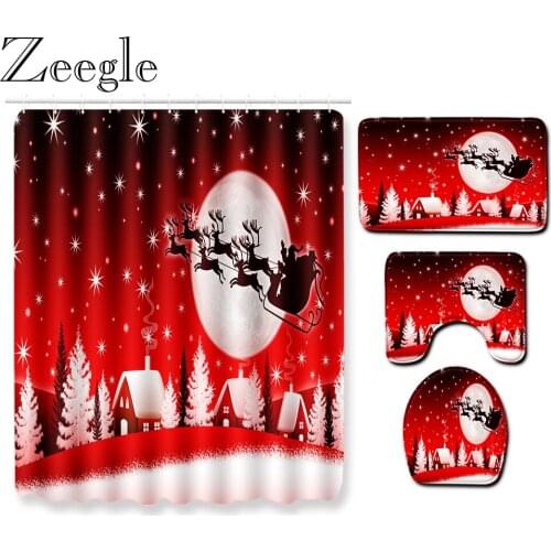 Zeegle Waterproof Shower Curtain Christmas Bath Curtain Anti-slip Bathroom Rug Set Absorbent Toilet Cover Mat Bathroom Carpet