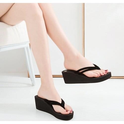 Womens Shoes Solid Color Non-Slip Feet Flip-Flops High-Heeled Wedges Beach Sandals zapatos de mujer claquette femme chaussure